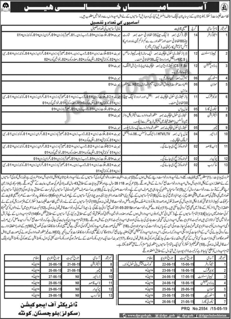 Education Department Balochistan Jobs 2019 for 110+ Stenographers, Computer Assistants, IT, Jr Clerks & Other Staff