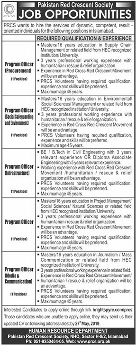 Pakistan Red Crescent Society / PRCS Jobs 2019 for Various Program Officers / Bachelor / BE / Masters