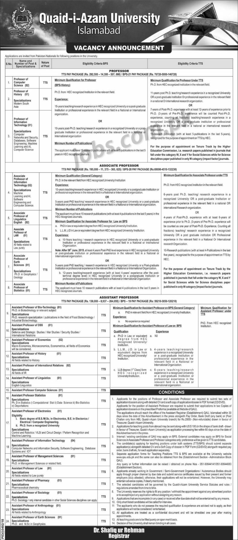 Quaid-i-Azam University (QAU) Islamabad Jobs 2019 for Teaching Faculty and Management