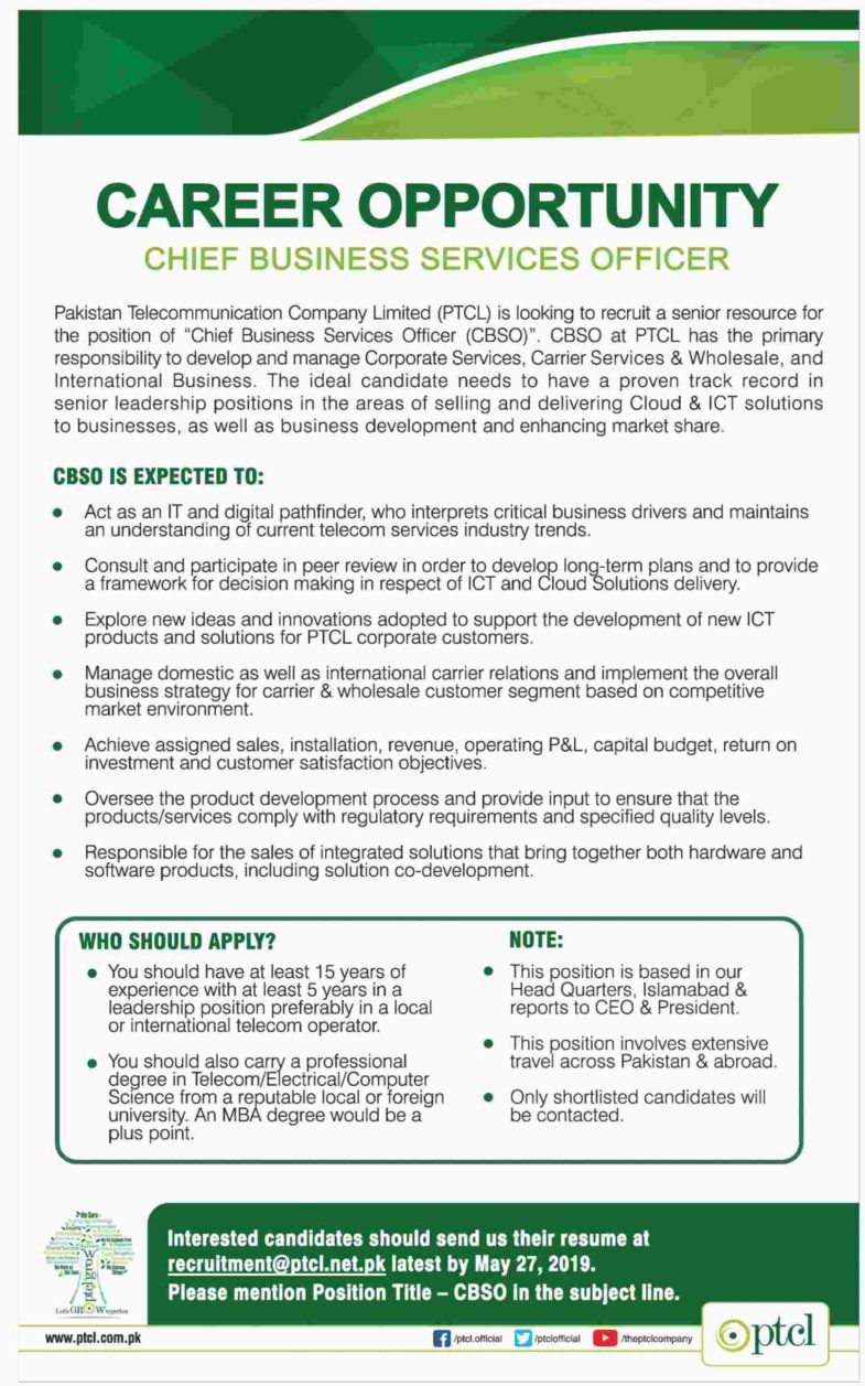 PTCL Jobs 2019 for Chief Business Services Officer (CBSO) / Management