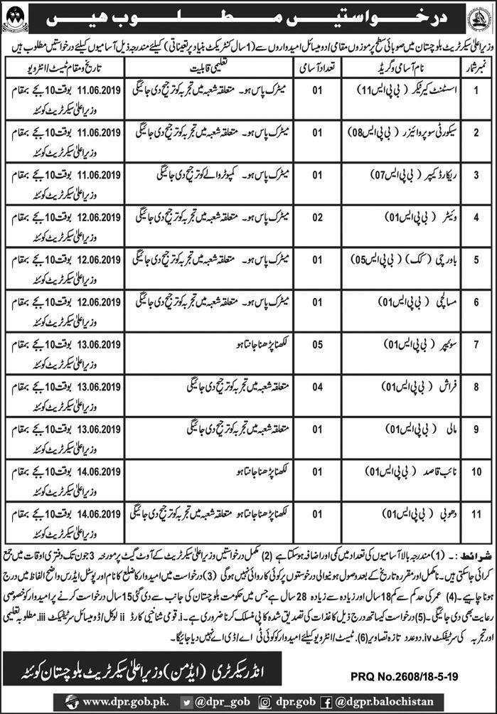 CM Secretariat Balochistan Jobs 2019 for 20+ Asst Caretaker, Record Keeper, Security Supervisor & Support Staff
