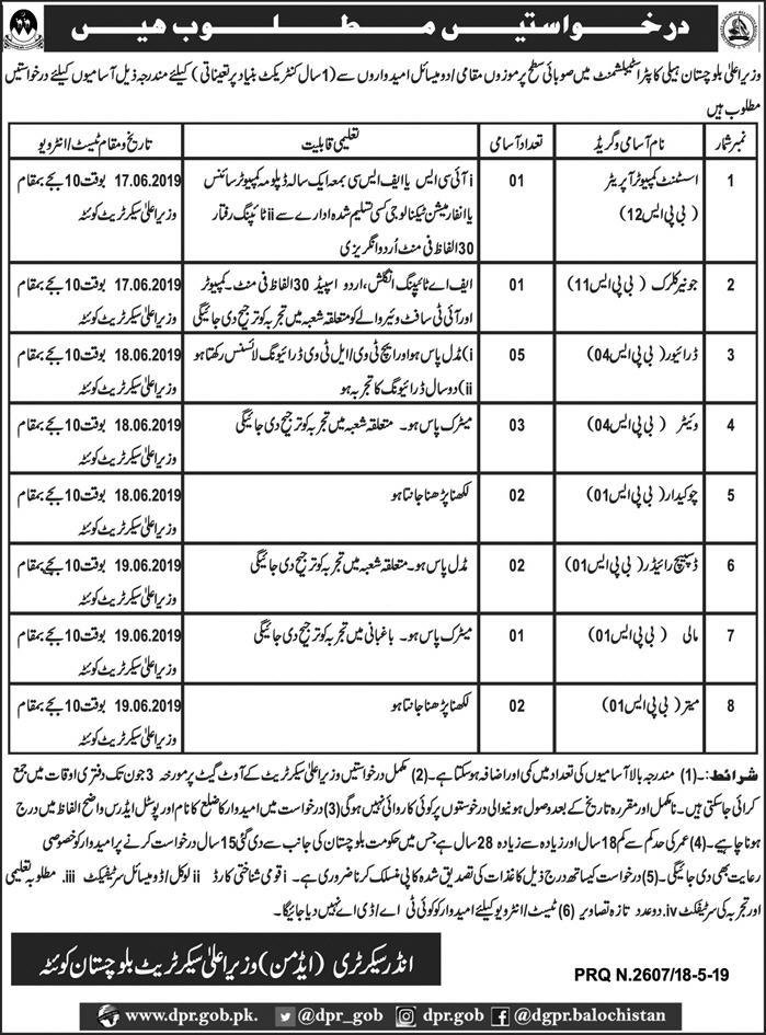 CM Balochistan Helicopter Establishment Jobs 2019 for 17+ Junior Clerk, Asst Computer Operator & Support Staff