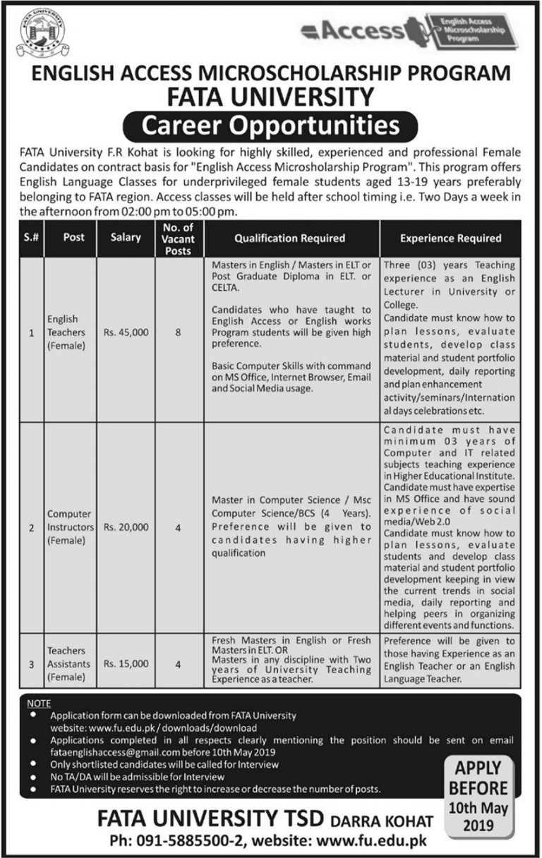 FATA University Kohat Jobs 2019 for 16+ Teachers