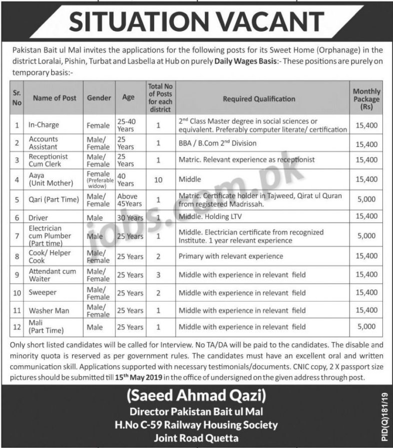 Pakistan Baitul Mal Jobs 2019 for 25+ In-Charge, Accounts, Clerk / Receptionist, Qari & Other Staff Posts