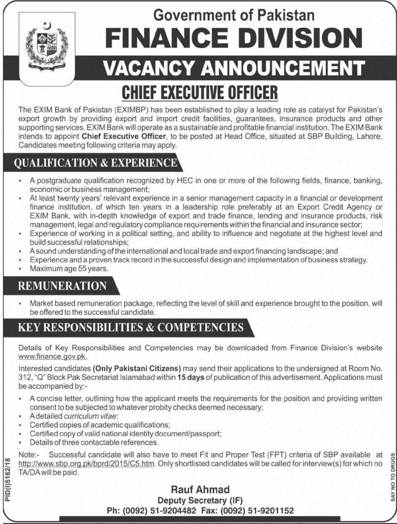 Finance Division Islamabad Jobs 2019 for CEO / Management