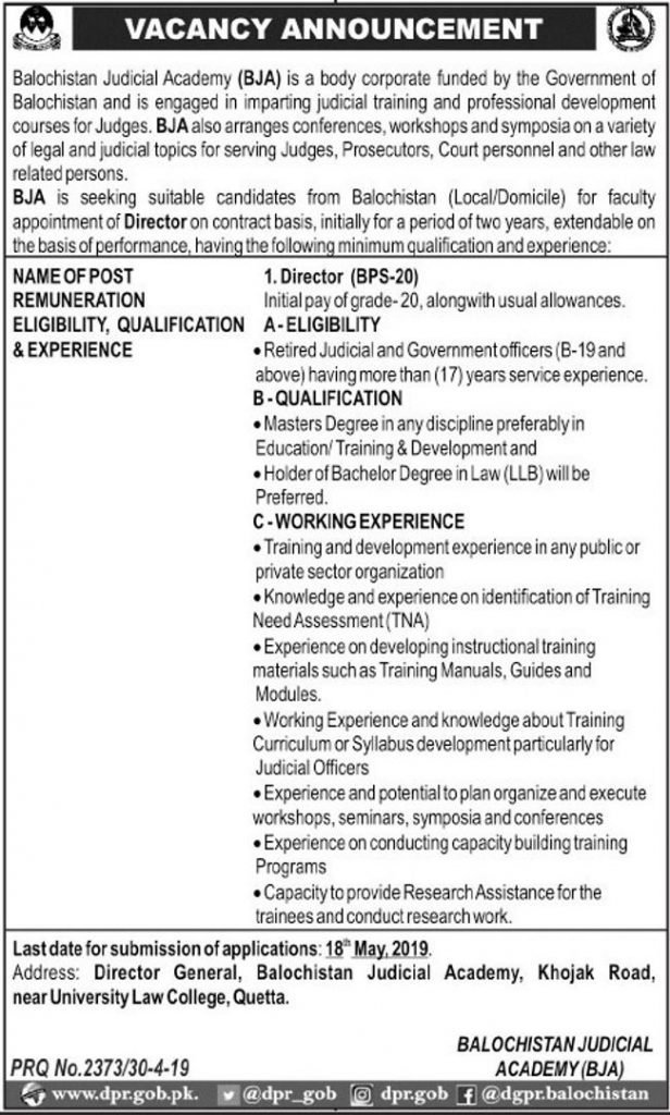 Balochistan Judicial Academy (BJA) Jobs 2019 for Director / Management Posts