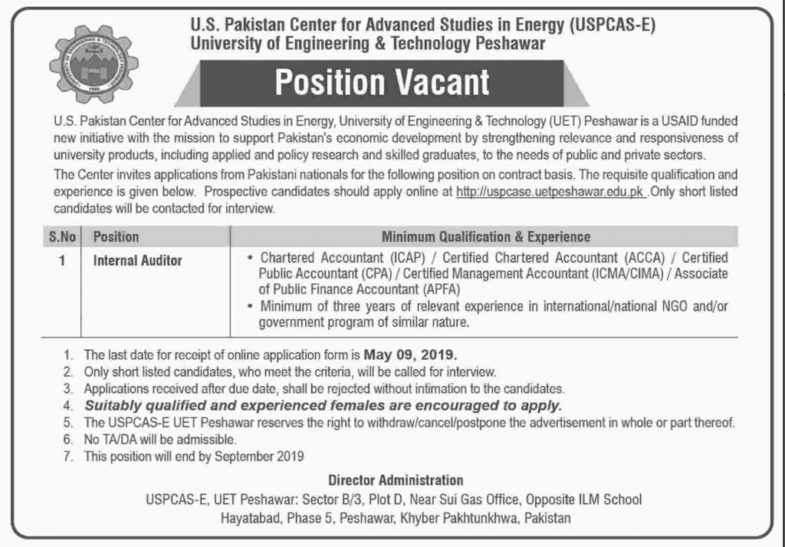 UET Peshawar Jobs 2019 for Internal Auditor