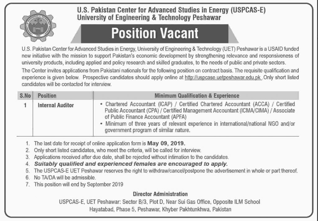 UET Peshawar Jobs 2019 for Internal Auditor