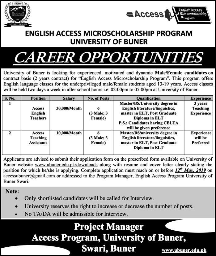 University of Buner Jobs 2019 for 12+ Teachers & Teacher Assistants
