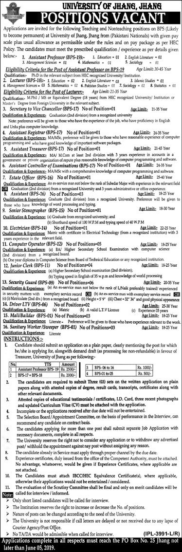 University of Jhang Jobs 2019 for Teaching & Non-Teaching Staff (Multiple Categories)