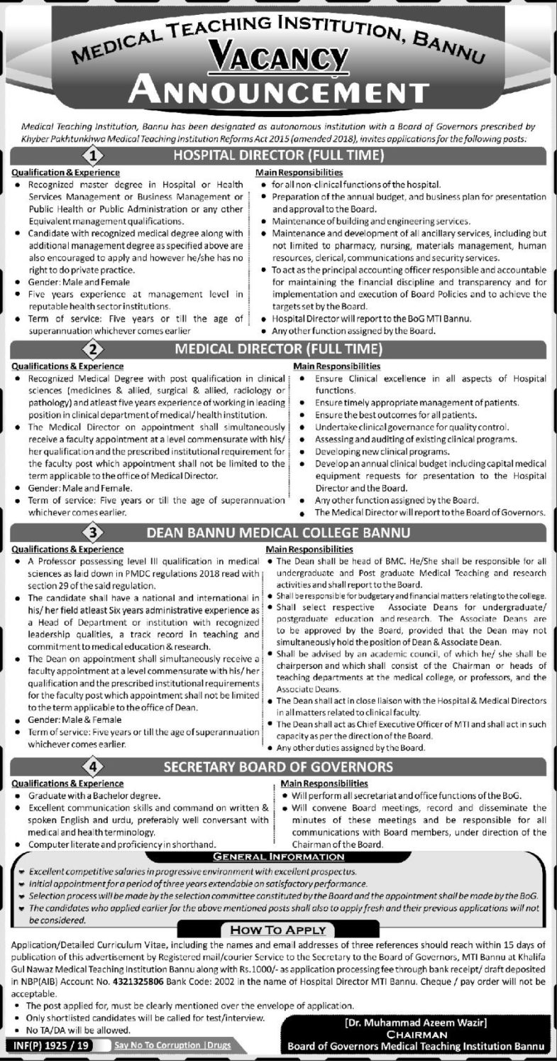Medical Teaching Institution Bannu Jobs 2019 for Various Management Posts