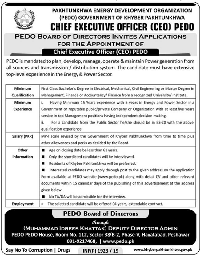 PEDO KP Jobs 2019 for CEO / Management Posts