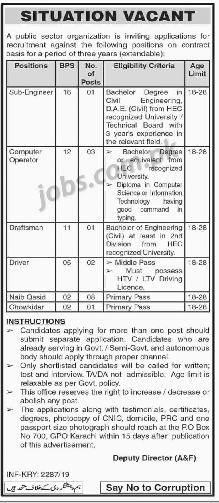 PO Box 700 Public Sector Organization Jobs 2019 for 16+ Computer Operators, Sub-Engineers, Draftsman & Support Staff