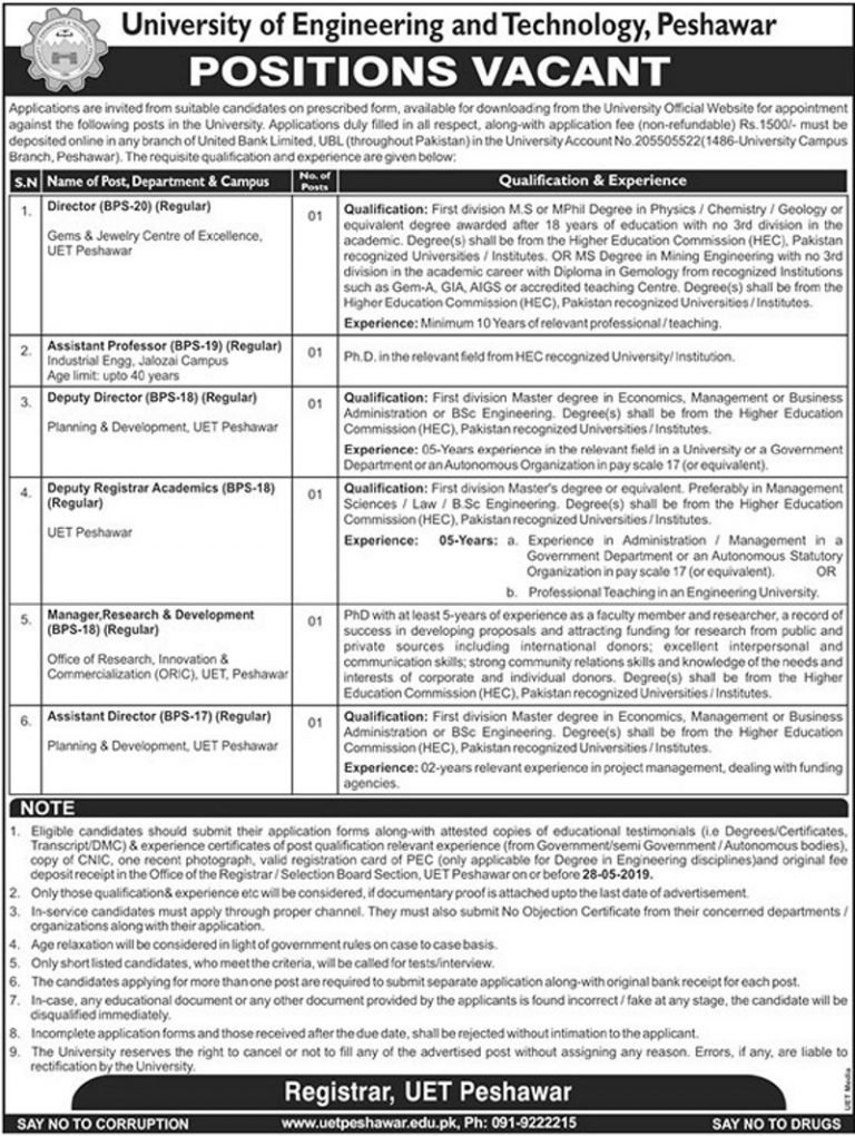UET Peshawar Jobs 5/2019 for Teaching & Non-Teaching Posts