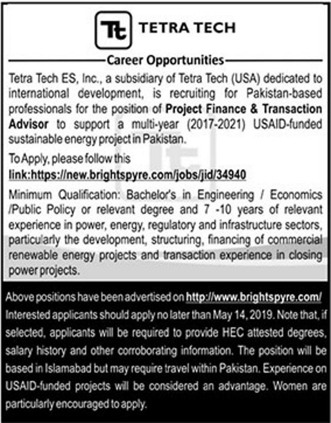 TETRA Tech / USAID Funded Project Jobs 2019 for Project Advisor