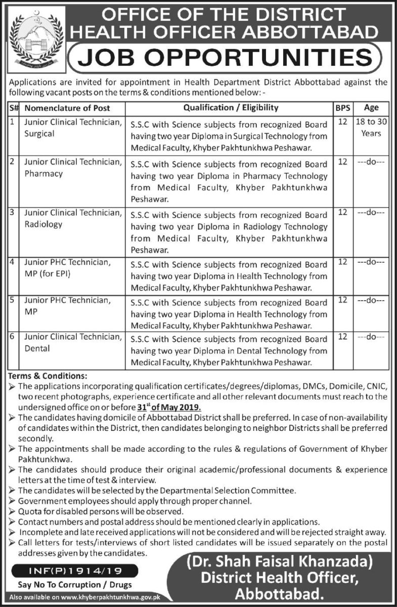 District Health Authority Abbottabad Jobs 2019 for Various Jr Clinical Technicians / Paramedic Staff