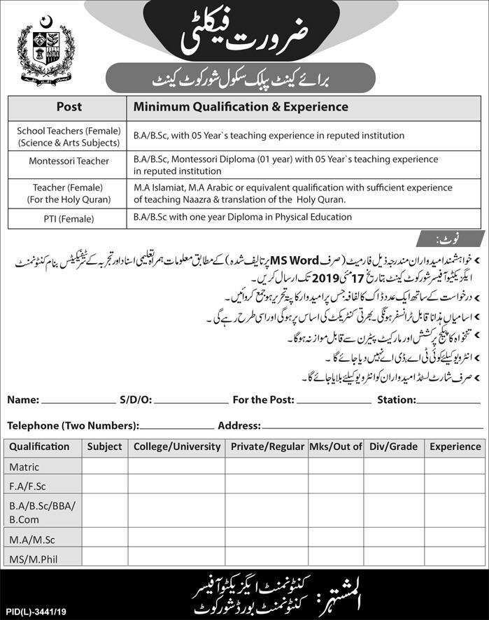 Cantonment Public School Shorkot Cantt Jobs 2019 For Teaching Staff