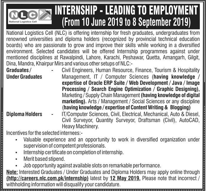National Logistics Cell / NLC Internship Program 2019 for Diploma/Graduates and Undergraduates (Multiple Disciplines)