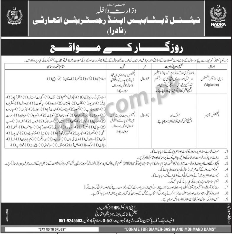 NADRA Jobs 2019 for 115+ Matric / Intelligence Officers / Vigilance Officers