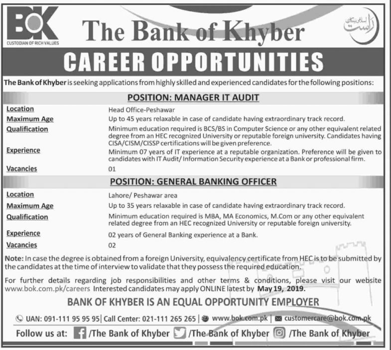 Bank of Khyber (BOK) Jobs 2019 for General Banking Officers and IT Audit Manager (Multiple Cities)