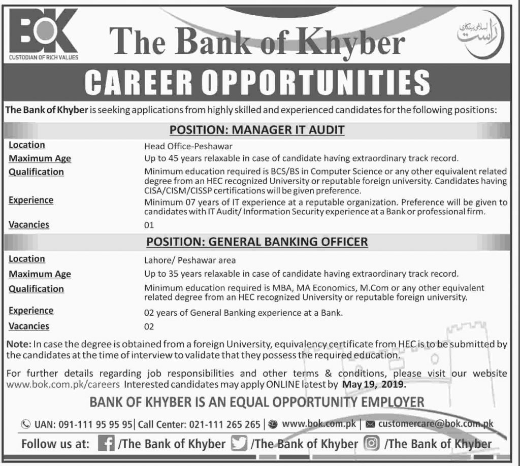 Bank of Khyber (BOK) Jobs 2019 for General Banking Officers and IT Audit Manager (Multiple Cities)