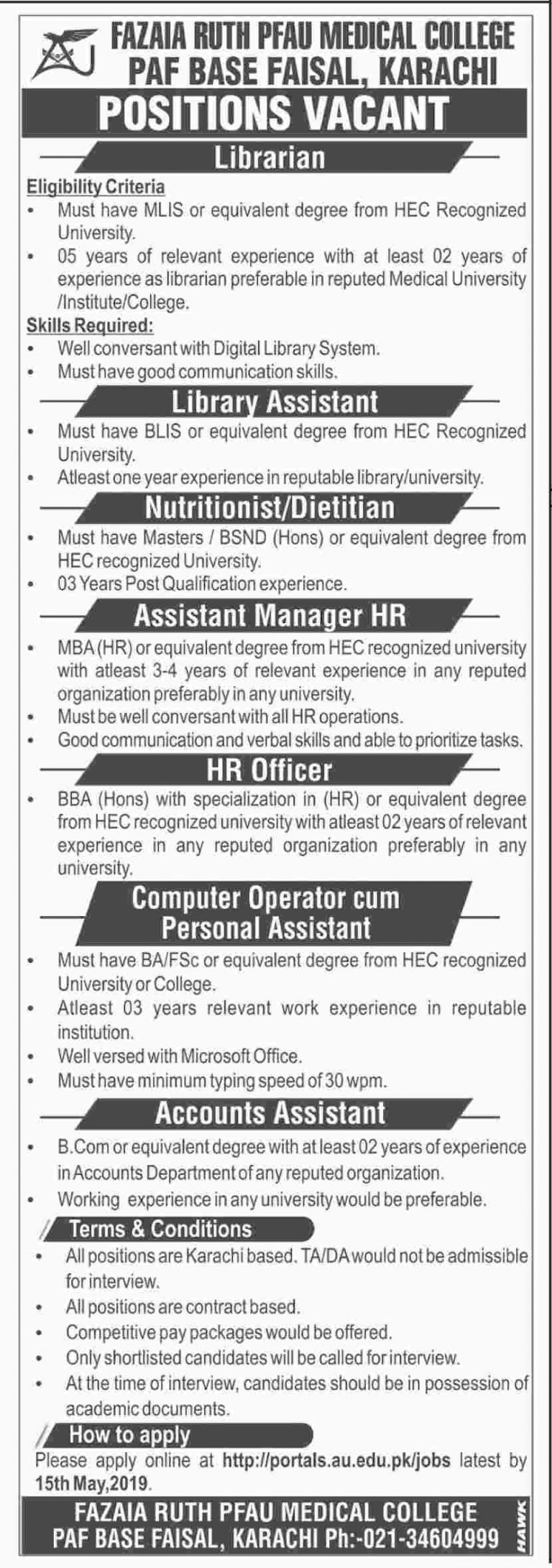Fazaia Ruth PFAU College Karachi Jobs 2019 for HR, Admin, Library & Other Staff