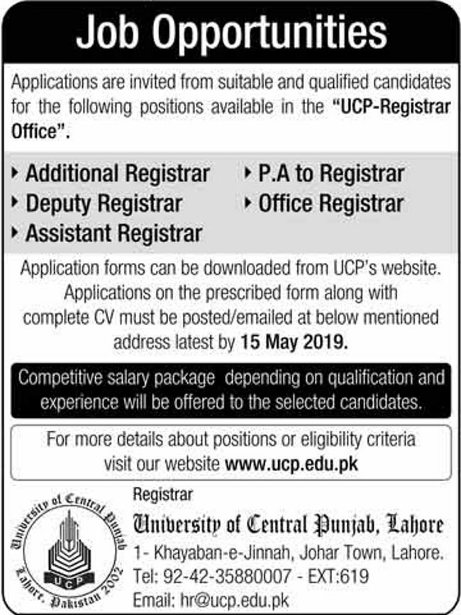 University Of Central Punjab Jobs 2019 for Registrars, PA & Office Staff