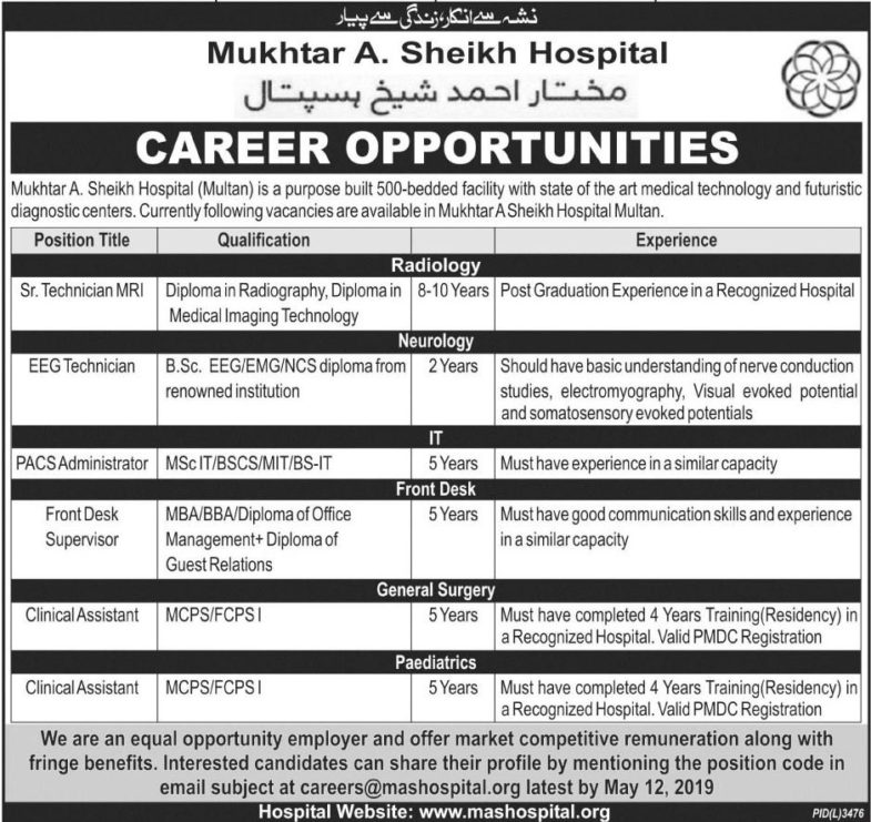 Mukhtar A.Sheikh Hospital Jobs 2019 for Various Admin & Medical Posts