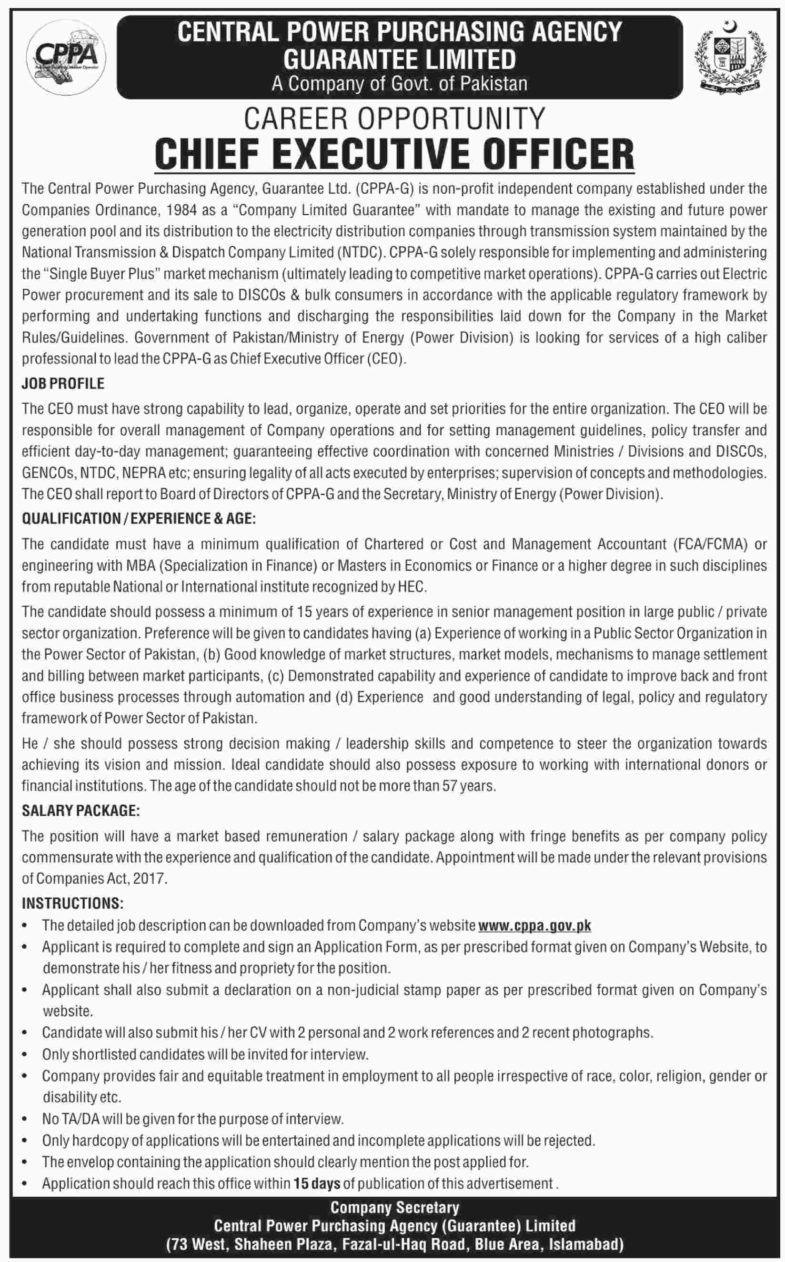 Central Power Purchasing Agency Jobs 2019 for Chief Executive Officer