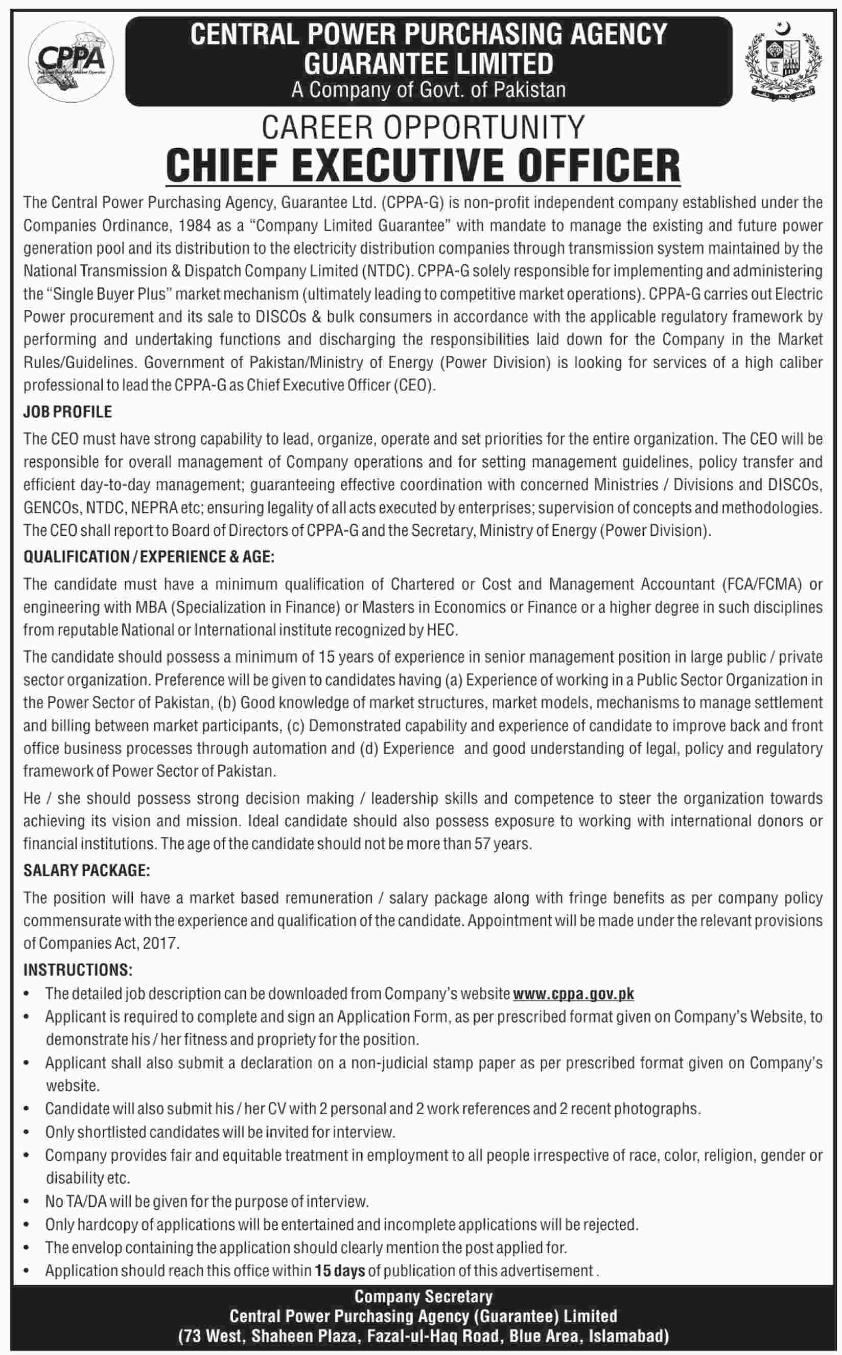 Central Power Purchasing Agency Jobs 2019 for Chief Executive Officer