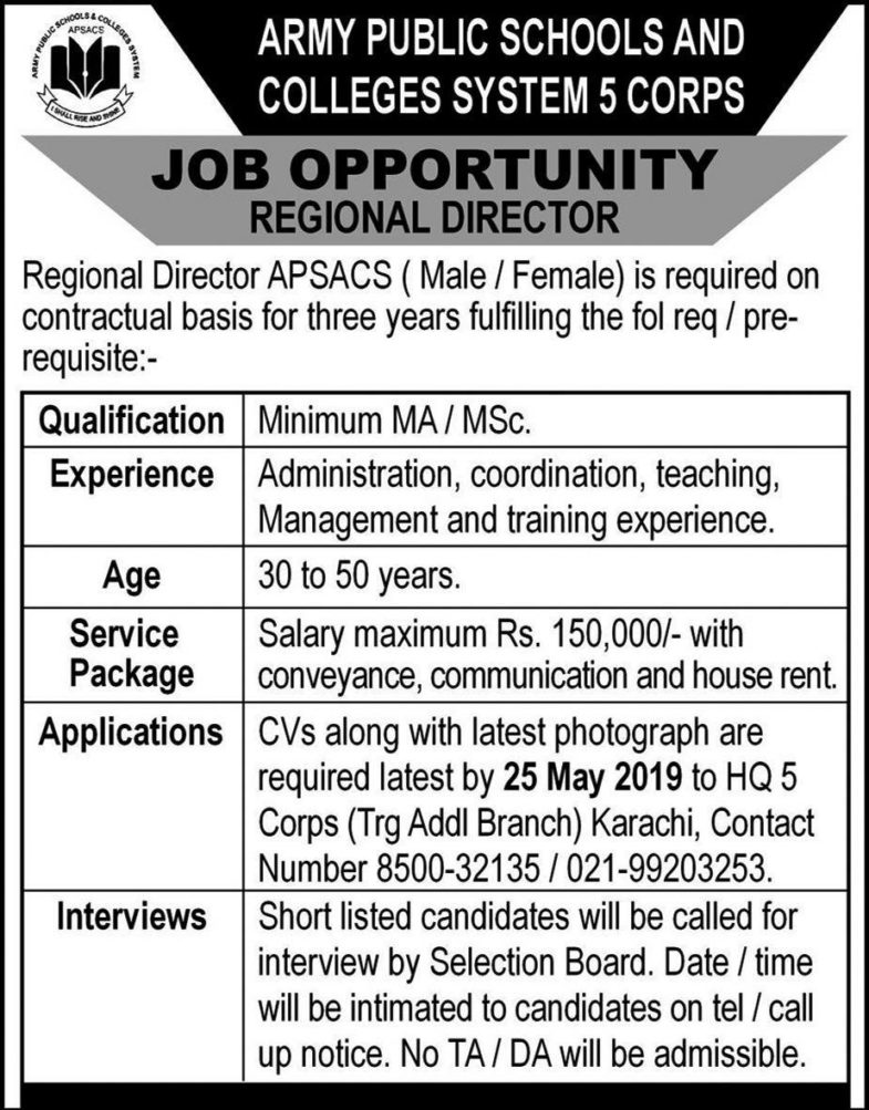 Army Public Schools & Colleges System Jobs 2019 for Regional Director