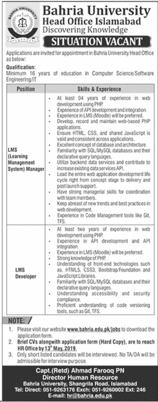 Bahria University Islamabad Jobs 2019 For IT / LMS Manager & Developer Posts