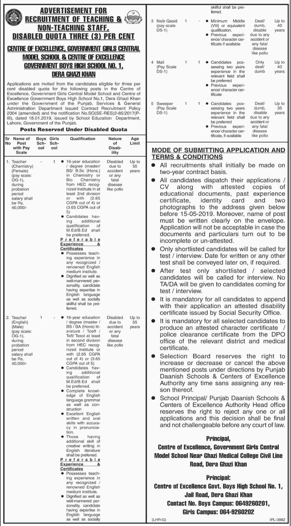 Centre of Excellence School (Boys/Girls) Jobs 2019 for Teaching & Non-Teaching Staff (DG Khan) (Disable Quota)