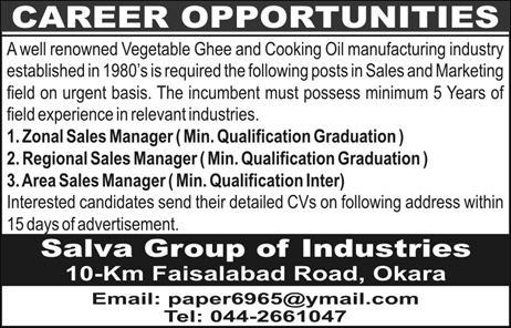 Salva Group Of Industries Jobs 2019 For Area/Regional/Zonal Sales Managers