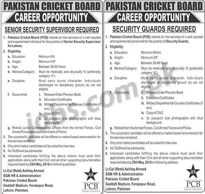 Pakistan Cricket Board (PCB) Jobs 2019 for Security Guards & Supervisor – Matric / Inter Apply Now