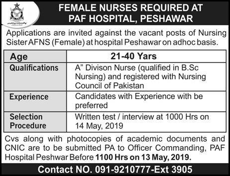 PAF Hospital Peshawar Jobs 2019 for Nursing Sister AFNS