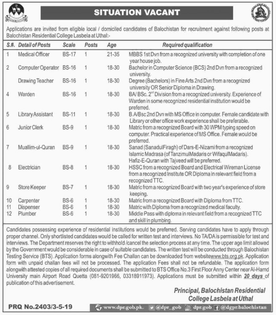 Balochistan Residential College Lasbela Jobs 2019 for 12+ Computer Operator, Jr Clerk, Medial Officer, Drawing Teacher, Warden & Other Staff