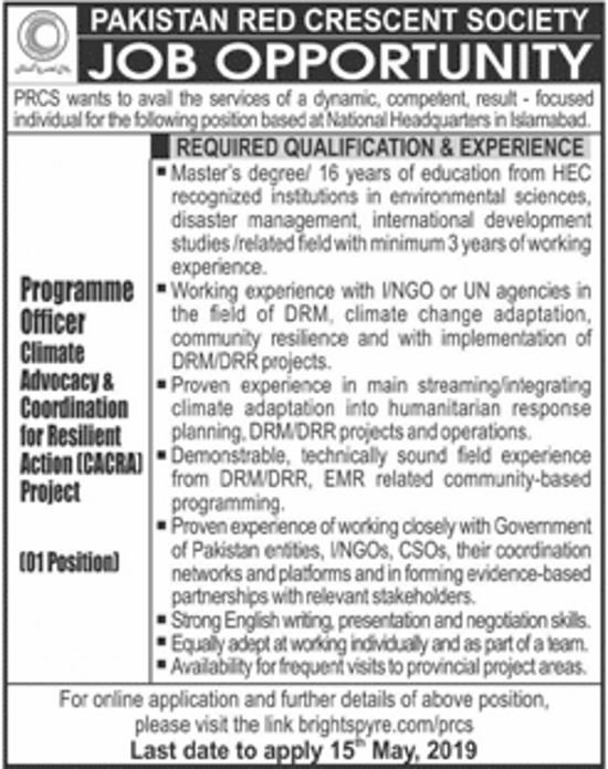 Pakistan Red Crescent Society Jobs 2019 For Program Officer