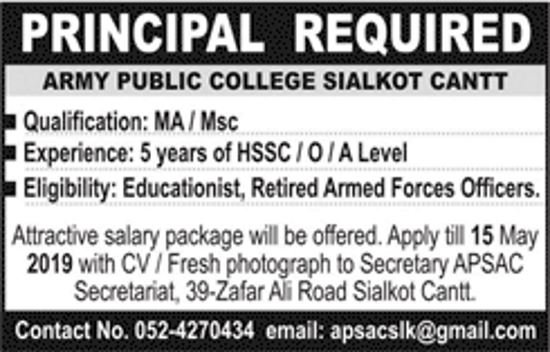 APSC Sialkot Cantt Jobs 2019 for Principal Post