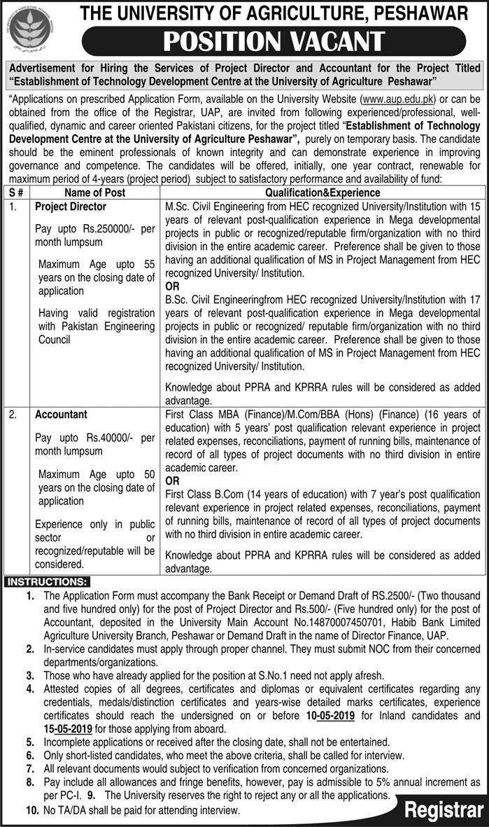 The University Of Agriculture Peshawar Jobs 2019 For Project Director & Accountant