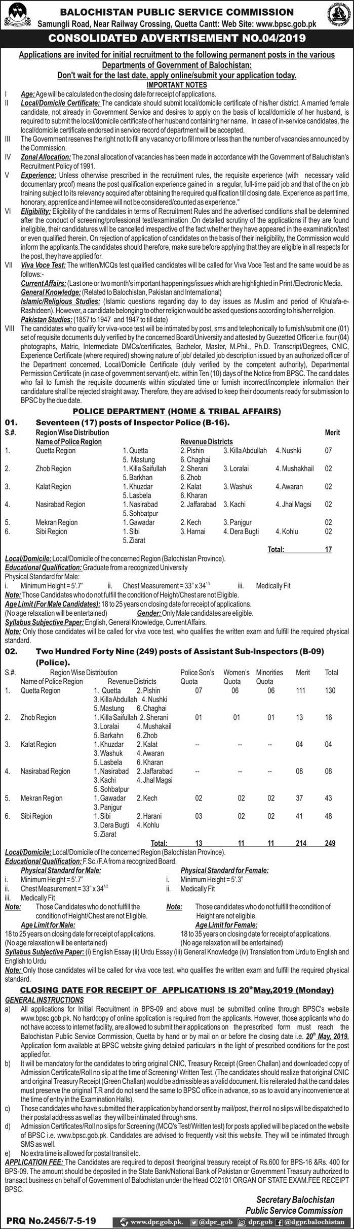 BPSC Jobs 4/2019: 266+ Inspectors & ASI Posts In Balochistan Police Department