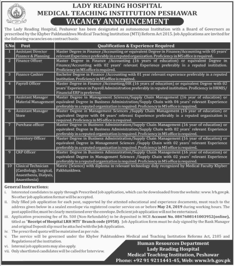 Lady Reading Hospital / LRH Peshawar Jobs 2019 for Admin, Finance, Payroll Officer, Assistant Managers, CRP & Other Posts