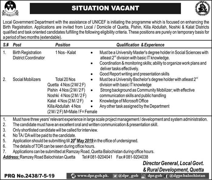 Local Government Department Balochistan Jobs 2019 for 21+ Social Mobilizers and District Coordinator