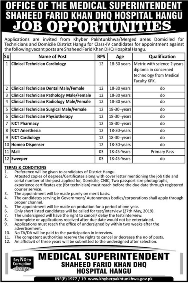 DHQ Hospital Hangu Jobs 2019 for Various Medical & Support Staff