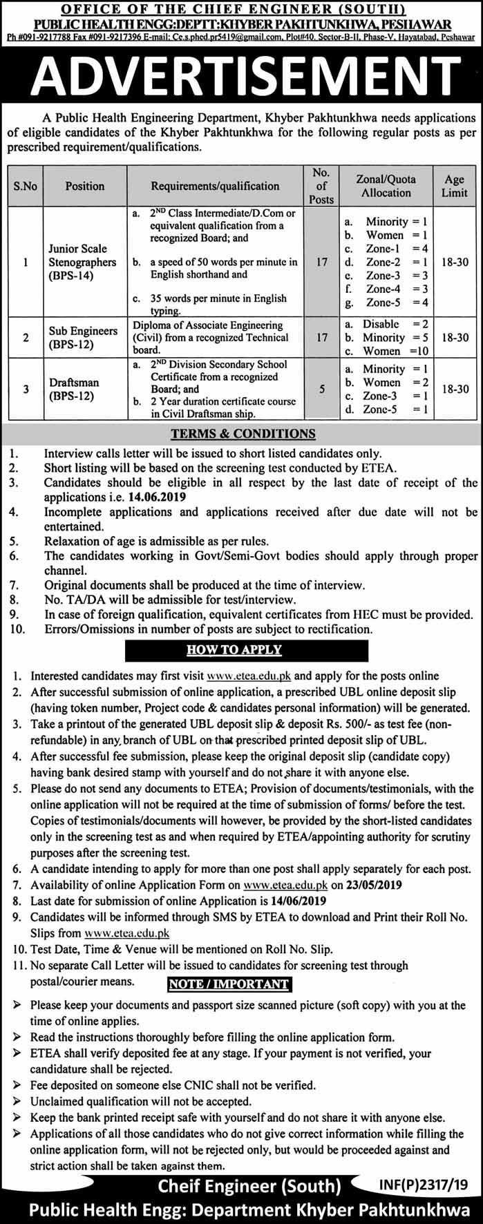Public Health Engineering Department KP Jobs 2019 for 39+ Jr Stenographers, Sub-Engineers & Draftsman