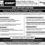 SZABIST (Hyderabad) Jobs 2019 for Lab Engineer, Admin, Accounts / Assistant and Teaching Faculty