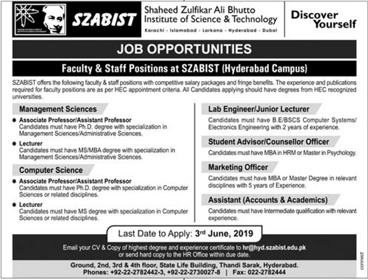 SZABIST (Hyderabad) Jobs 2019 for Lab Engineer, Admin, Accounts / Assistant and Teaching Faculty