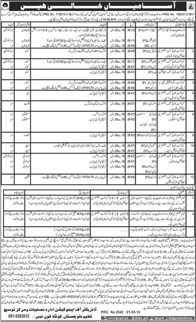 Education Department Balochistan Jobs 2019 for 22+ Jr Clerks, Computer Assistants, Operators & Support Staff