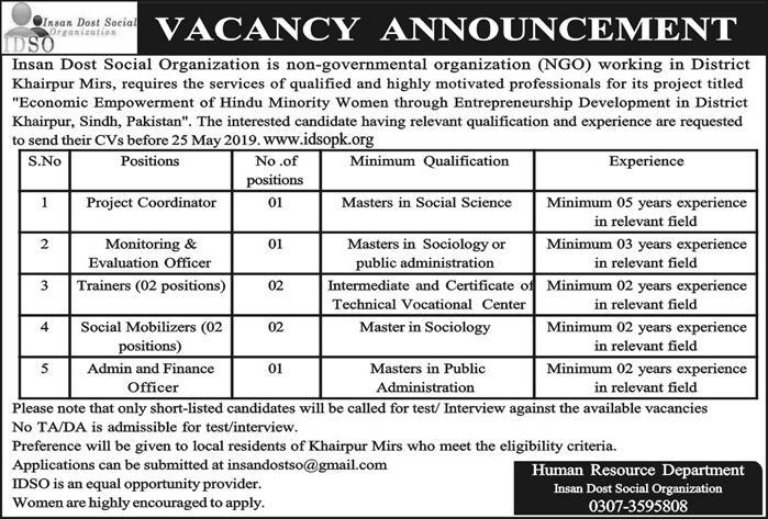 Insan Dost Social Organization NGO Jobs 2019 for M&E Officer, Trainers, Admin/Finance Officer, Social Mobilizers & Coordinator