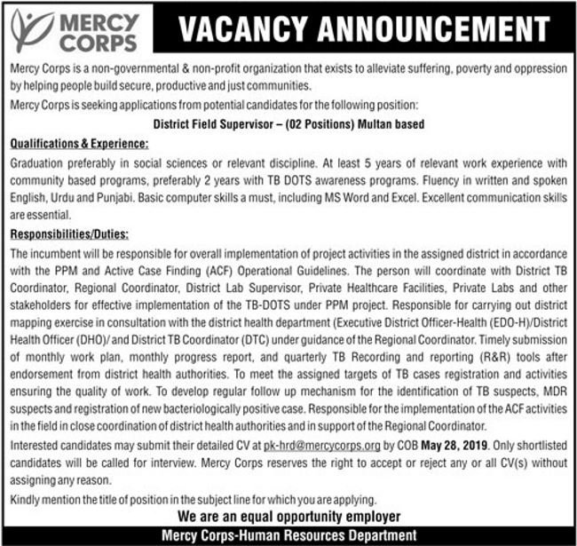 Mercy Corps NGO Jobs 2019 for District Field Supervisors